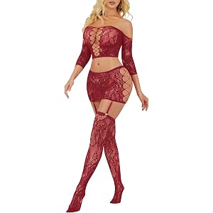 RSLOVE Lingerie Sets for Women Sexy - Fishnet BabyDoll Garter Mini Skirt Bodystocking Mesh Bodysuit Outfits Nightwear