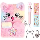 PrinBarBee Cat Diary for Girls with Lock and Keys,Tie-Dye Fuzzy Journal for Kids,Hardcover Fluffy Locking Notebook for Writing and Drawing,4-12 Year Old Girl Birthday (A Star-Cat)