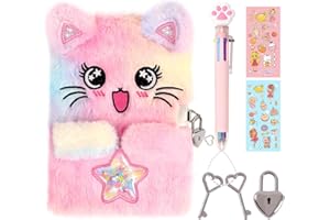 PrinBarBee Cat Diary for Girls with Lock and Keys,Tie-Dye Fuzzy Journal for Kids,Hardcover Fluffy Locking Notebook for Writing and Drawing,4-12 Year Old Girl Birthday (A Star-Cat)