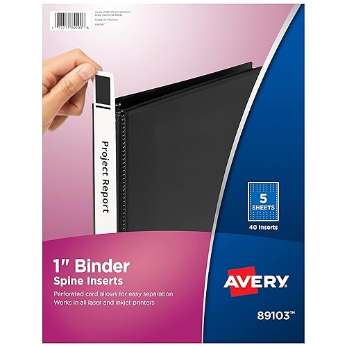 Avery Binder Spine Inserts, for 1 Inch Ring Binders Containing 1.4" Spine Width, 40 Cardstock Inserts (89103)