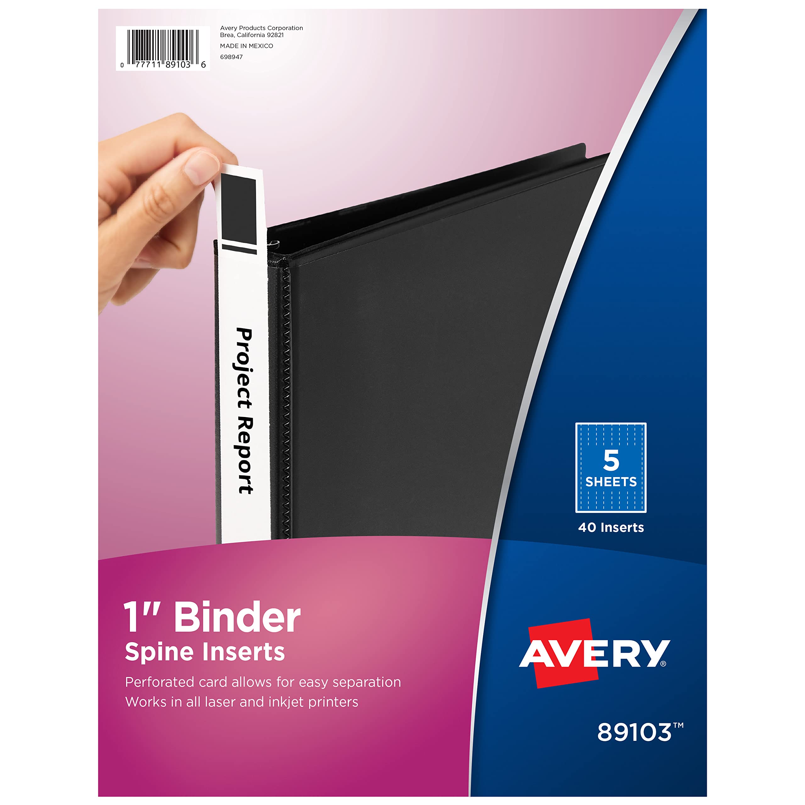 Avery Binder Spine Inserts, for 1 Inch Ring Binders with 1.4" Spine Width, 40 Cardstock View Binder Spine ID Inserts (89103)