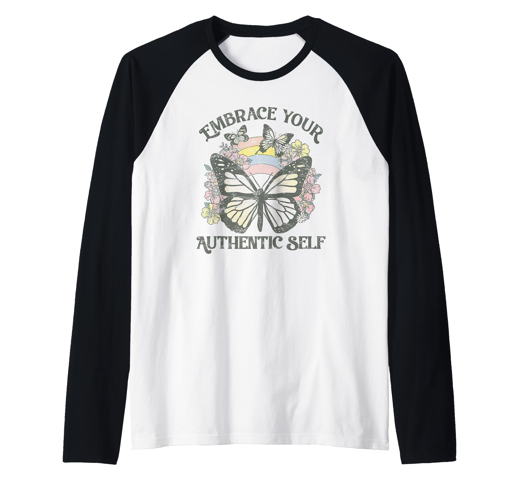 Embrace Your Authentic Self Floral Butterfly Raglan Baseball Tee