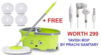 TAVISH MOP BUCKET MAGIC SPIN MOP Bucket Double Drive Hand Pressure Stainless Steel Mop with 4 Microfiber Mop Head Household Floor Cleaning & 4 Color May Vary AND ALSO FREE A EARPHONE WHICH CAN BE USED WITH MI OR OTHER PHONE WORTH 299