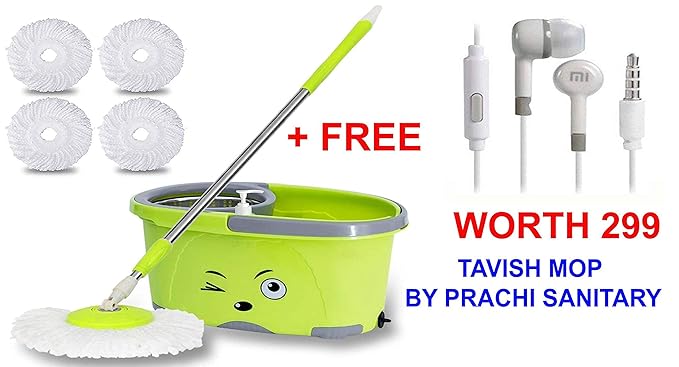 TAVISH MOP BUCKET MAGIC SPIN MOP Bucket Double Drive Hand Pressure Stainless Steel Mop with 4 Microfiber Mop Head Household Floor Cleaning & 4 Color May Vary AND ALSO FREE A EARPHONE WHICH CAN BE USED WITH MI OR OTHER PHONE WORTH 299