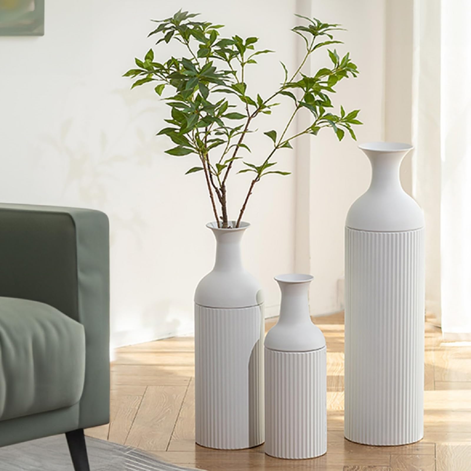 Photo 1 of Sziqiqi White Tall Floor Vase: Large Ribbed Metal Vases 27/20/16in for Living Room, Modern for Pampas Grass, Oversized Standing Vase for Fireplace, Home Corner, Hallway, Office