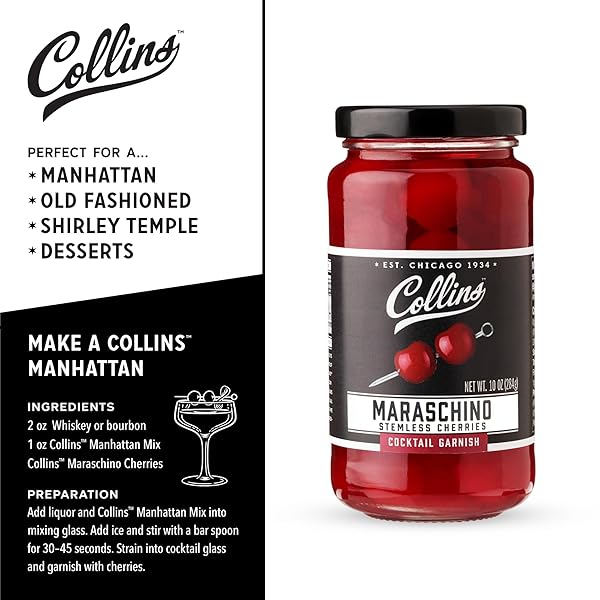 COLLINS STEMLESS MARASCHINO CHERRIES, GARNISH FOR COCKTAILS, DESSERTS, MANHATTANS, AND OLD FASHIONED, GOURMET SNACKING CHERRIES FOR HOME AND BAR, 10OZ
