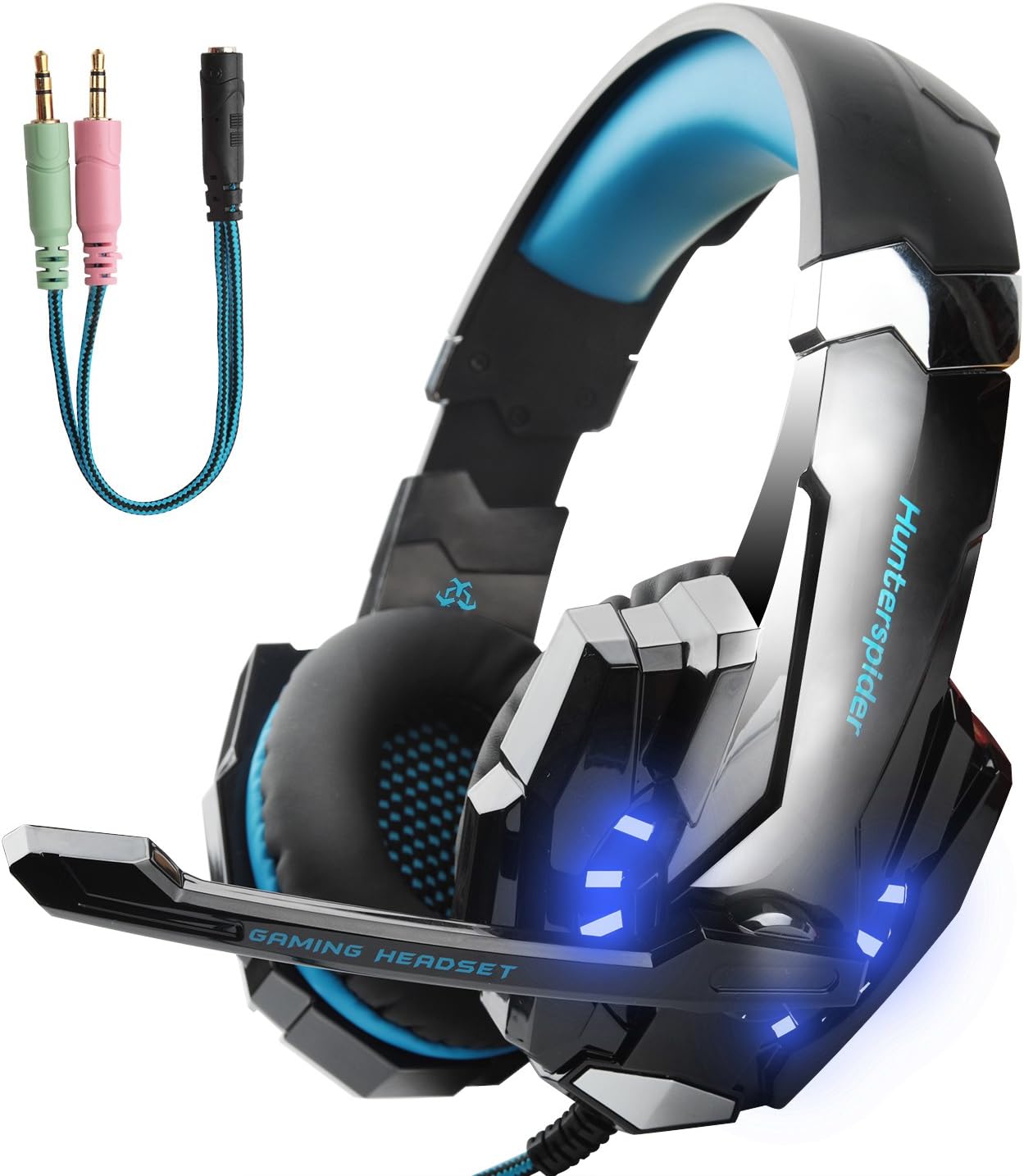 Hunterspider Gaming Headset for PS4, Xbox One Headset with Mic, Noise Cancelling Over Ear Headphones, LED Light, Bass Surround, Soft Memory Earmuffs for Laptop Mac iPad Computer Nintendo Switch Games