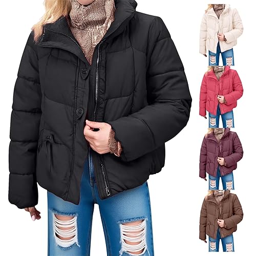 Winter Coats for Women UK Black Warm Puffer Jackets Lightweight Quilted Thermal Padded Coat Stand Collar Zip Up Cropped Overcoat with Straight Pockets