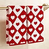 JarThenaAMCS 2Pcs Valentine’s Day Hand Towels Jacquard Cotton Bath Towel Checkered Heart Decorative Dish Towel for Holiday Home Kitchen Bathroom Decor Gift Set