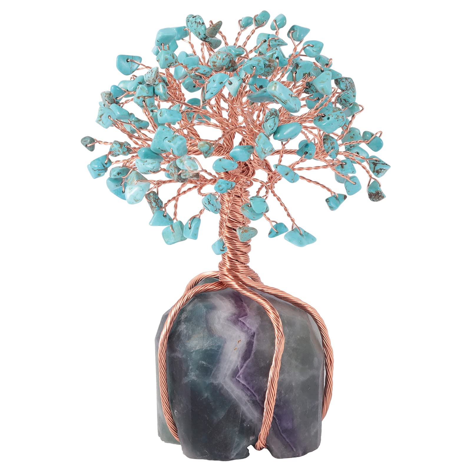 Nupuyai Green Howlite Turquoise Crystal Money Tree with Fluorite Raw Stone Base, Good Luck Fengshui Figurine Spiritual Healing Stone Tree Ornament Home Office Decor