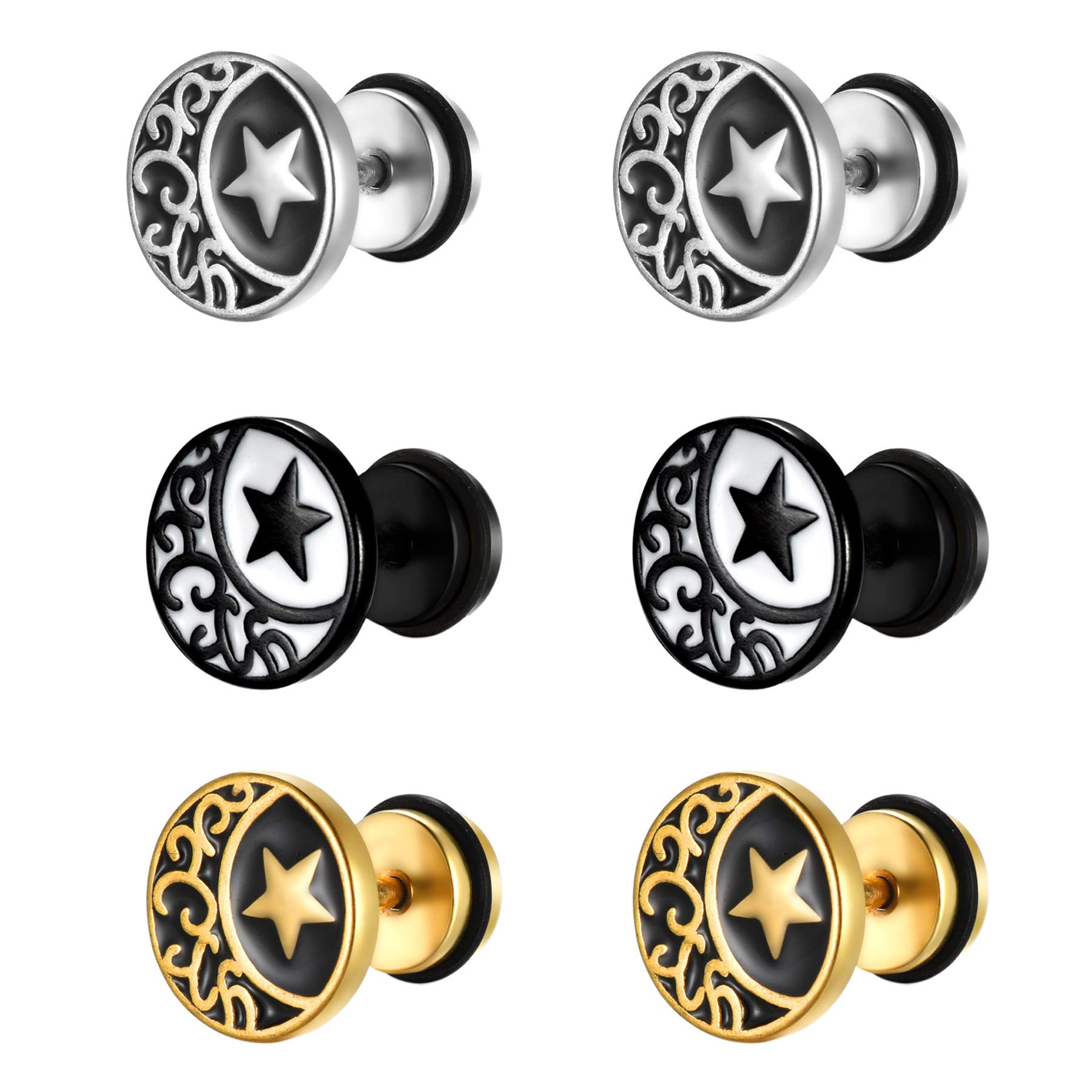 JewelryWe 3Pairs Moon and Star Carving Stud Earrings Set Stainless Steel Screw Back Fake Ear Plugs Barbell Earrings