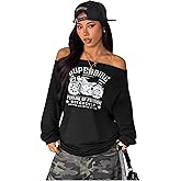 SOLY HUX Women's Y2K Letter Graphic Printed Off The Shoulder Long Sleeve T Shirt Oversized Casual Tops
