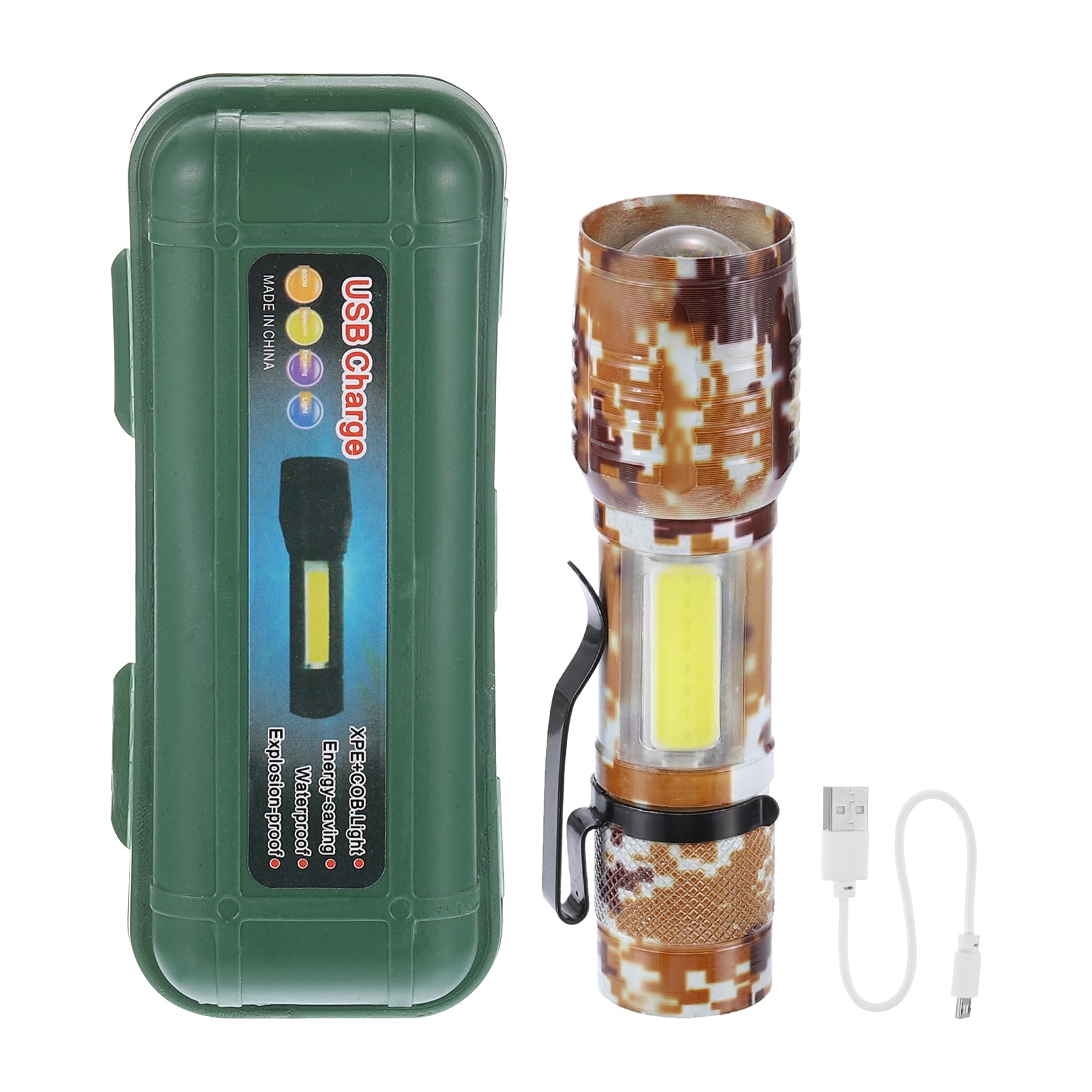 PATIKIL Scalable LED Flashlight, 2 Set 3 Mode High Lumens LED Flashlight Aluminum White Light Torch USB Rechargeable for Hiking Camping, Camouflage Brown