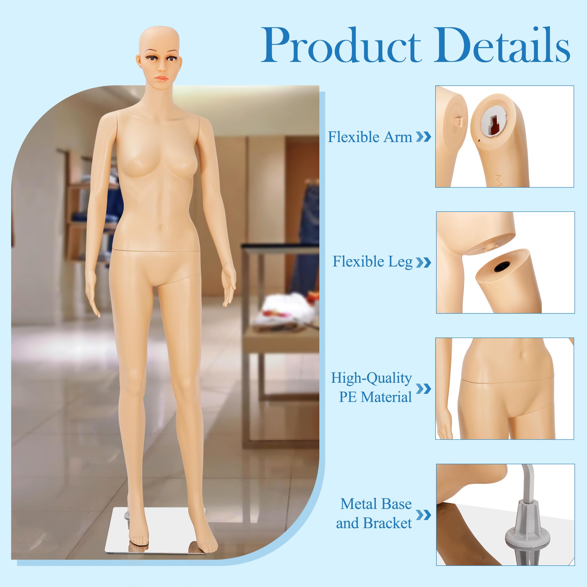 69" Female Full Body Mannequin - Adjustable Poseable Dress Form With Metal Base & Detachable Parts - View #6