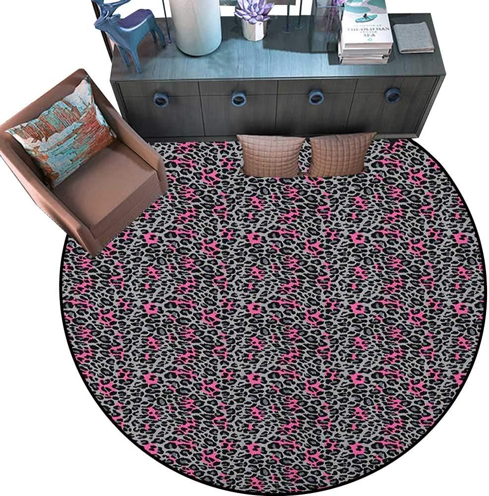 Leopard Print Circle Rugs African Safari Animal Pattern Nature Inspired Fashion Cheetah Panther Living Dining Room Bedroom Hallway Office Carpet （63" Diameter） Pink Grey Black