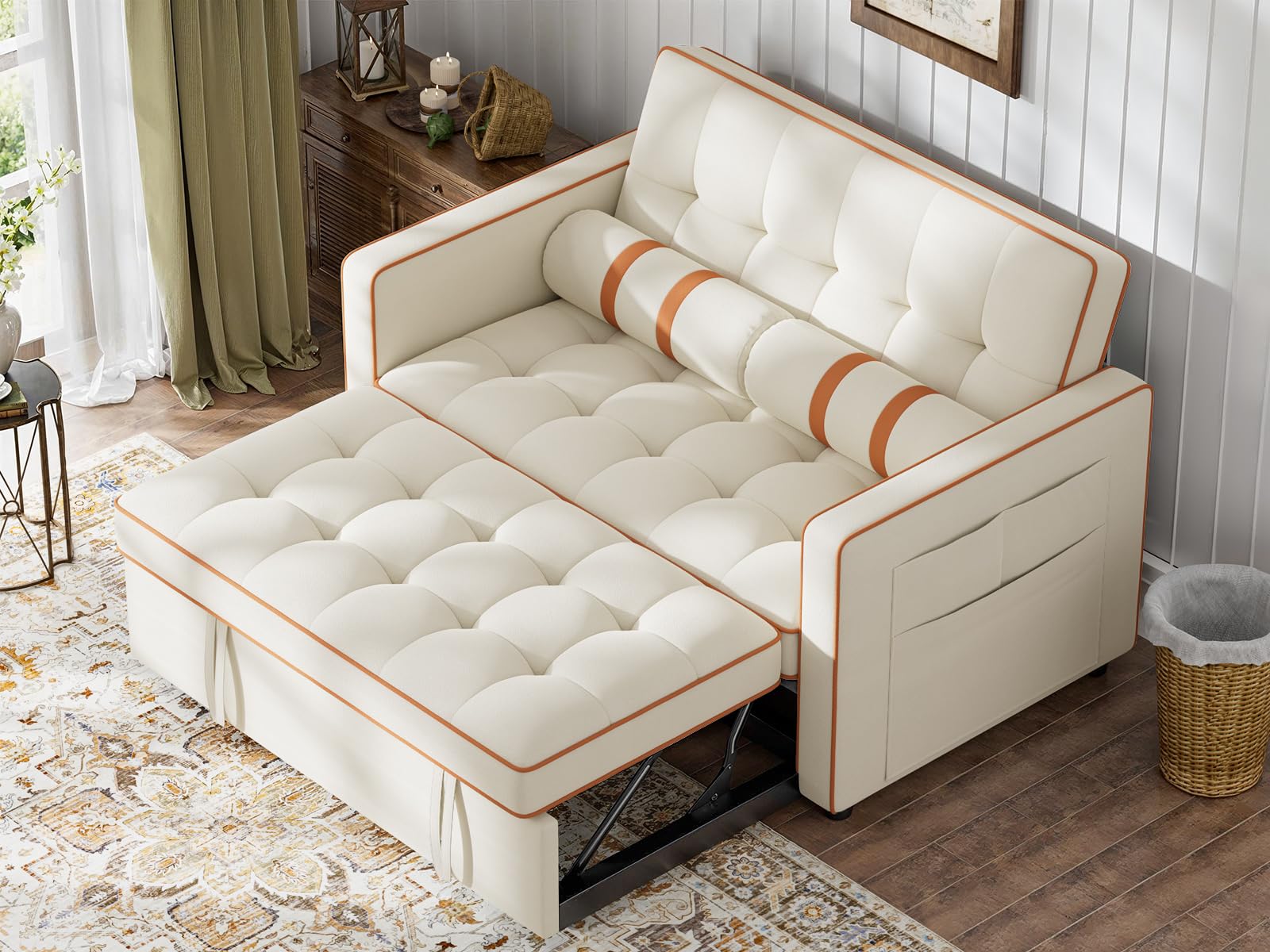 Photo 1 of ***PARTIAL SET, BOX 1 ONLY***Marsail 3-in-1 Convertible Futon Sleeper Sofa Bed, Pull Out Couch with Adjustable Backrest, USB Charging & Side Pockets, Velvet Fabric Sofa for Living Room, Apartment, Loveseat, Beige