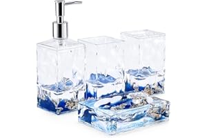 Locco Decor 4 Piece Acrylic Liquid 3D Floating Motion Bathroom Vanity Accessory Set Oceam Theme Shell Toothbrush Holder, Tumbler, Soap Dispenser, Soap Dish