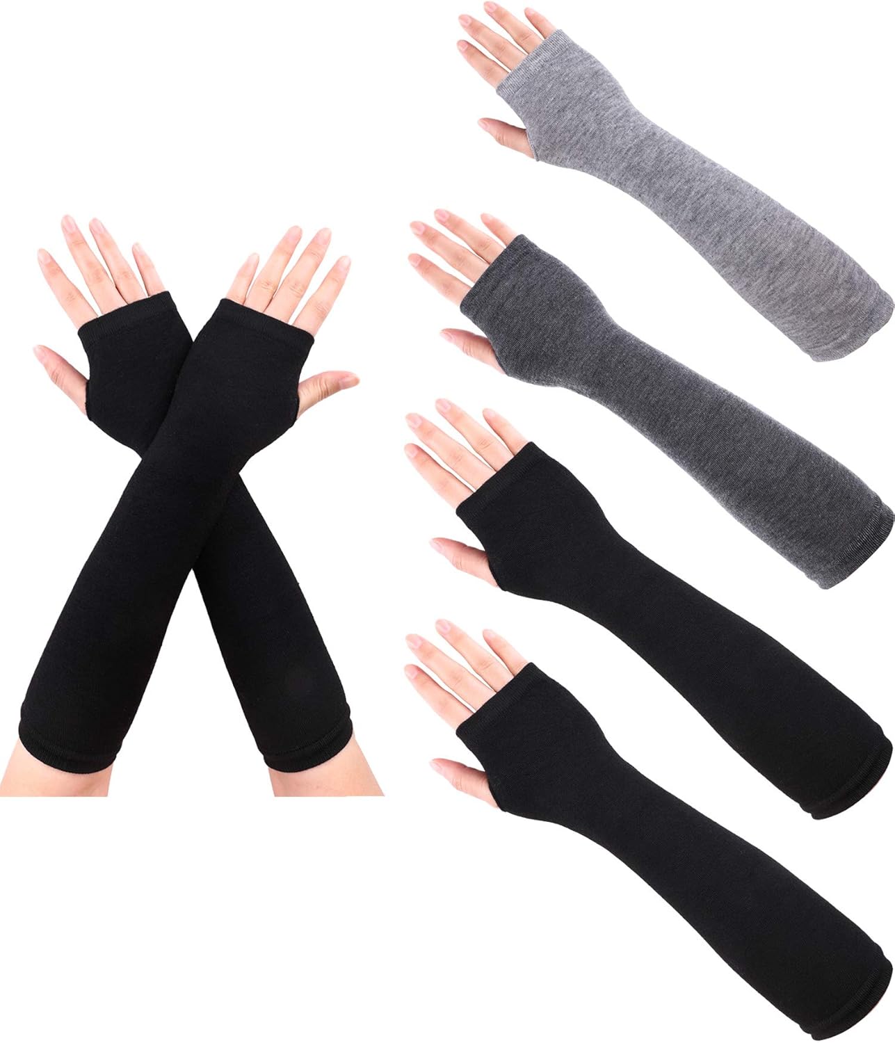 Pangda 4 Pairs Women's Fingerless Mittens Long Knitted Arm Warmers with Thumb Hole Elastic Gloves (Color Set 3): Clothing