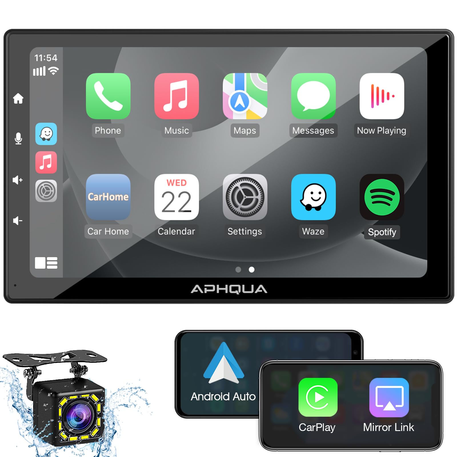 APHQUA Carplay for Car with 1080P Waterproof Backup Camera, 7'' HD Screen Car Stereo, Car Radio Receiver, Hands-Free Calling,Mirror Link,Siri,Google,AUX/FM, GPS Navigation, Airplay, for All Cars