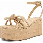 ZIXSAA Raffia Platform Sandals for Women,Bow Ankle Strappy Espadrille Wedges Sandals Comfortable Square Open Toe Straw Sandals