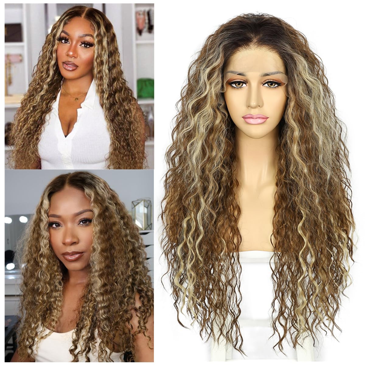 Sapphirewigs Highlight Curly Lace Front Wig Ombre Brown Synthetic Wigs for Women 13x3 Daily Wear Party Christmas Halloween Heat Resistant 26 inch