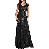 meilun Short Sleeve Sequin Dress for Women Formal Evening Gowns Sparkly V Neck 1920s Long Dress