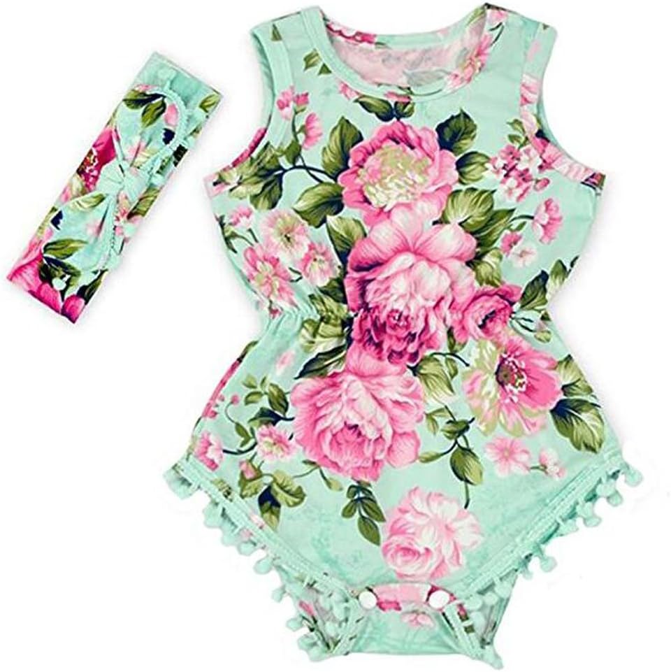Arrowhunt Baby Girls Floral Pom Sleeveless Rompers with Headband