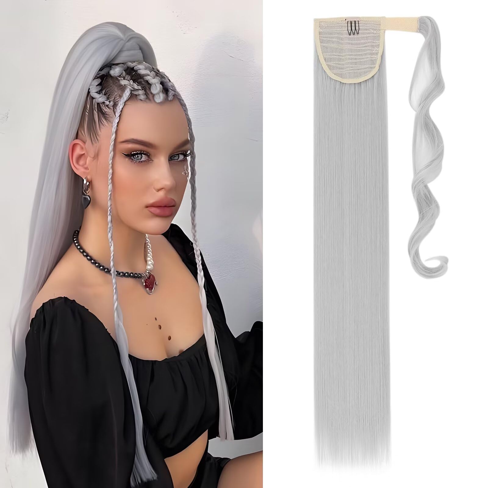Silk-co 26" Ponytail Hair Extension Clip in/on Ponytail Straight Synthetic Wrap Around Extension Hairpiece for Women(Silver Grey)