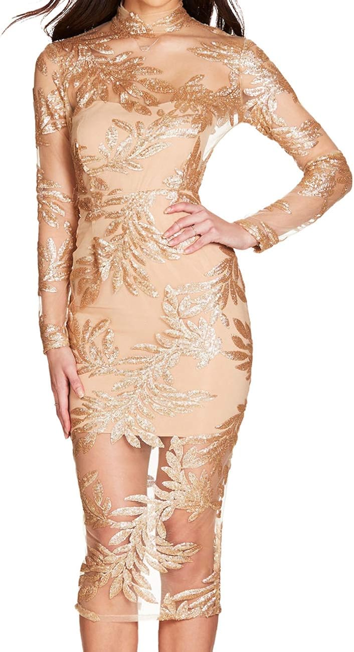 gold mirrored sequin plunge long sleeve midi dress