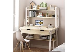 Modern Home Office Desk with Hutch, Wood Writing Study Drawers, Computer Pc Laptop Workstation Open Storage Shelves for Study