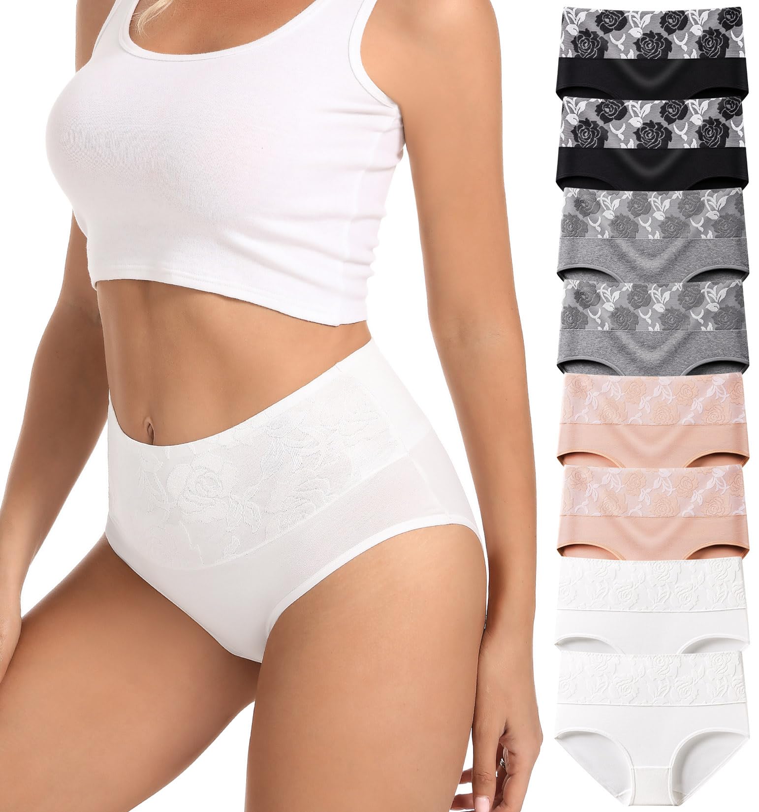 Photo 1 of HAVVIS Women's Briefs Underwear Cotton High Waist Tummy Control Panties Rose Jacquard Ladies Panty Multipack (Brief 01-8 Pack - Assorted Colors 02, 3X-Large)