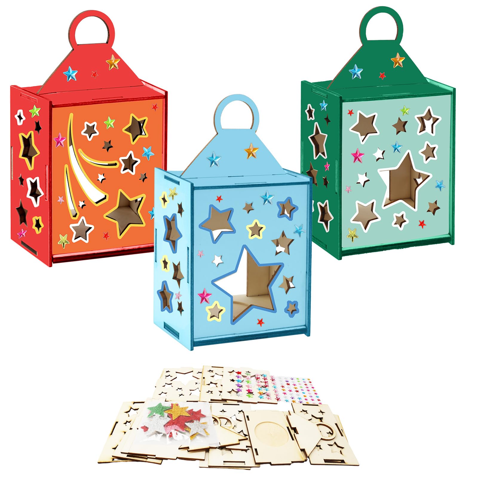 DKINY Arts and Crafts Kits for Kids, 3 Pack Wooden Star Lantern with EVA Gem Stickers, Make Your Own Star Lantern, Wood Tealight Holders, Creative Birthday Activity Gifts for Boys Girls Age3+ DIY