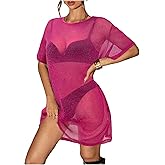 Floerns Women's Glitter Sparkly Short Sleeve Sexy Party Dress Sheer Mesh Loose Club Rave Concert Festival Short Dress