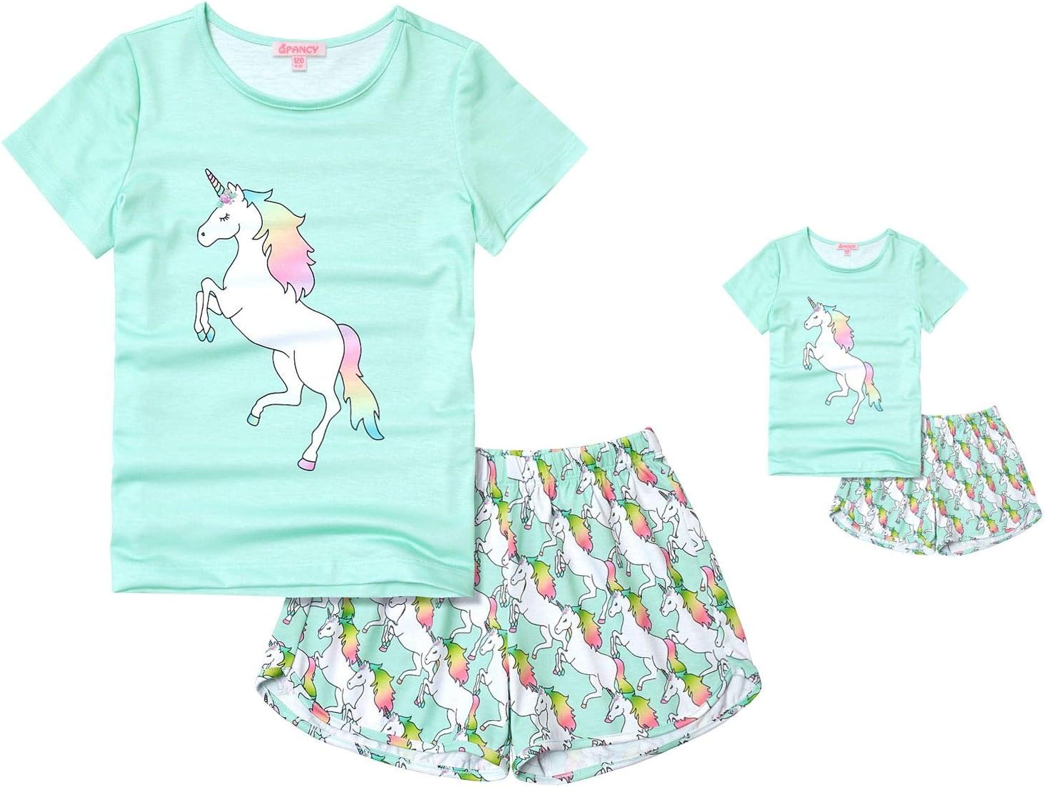 QPANCY Matching Girls & Dolls Pajamas Unicorn Pj Sets Summer Cotton Sleepwear
