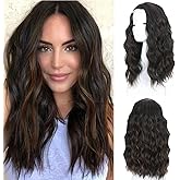 QJBMHH Black Mix Brown Wavy Wigs for Women 18 Inch Medium Length Short Wavy Wig Middle Part Synthetic Heat Resistant Natural Looking for Daily Party Halloween Use