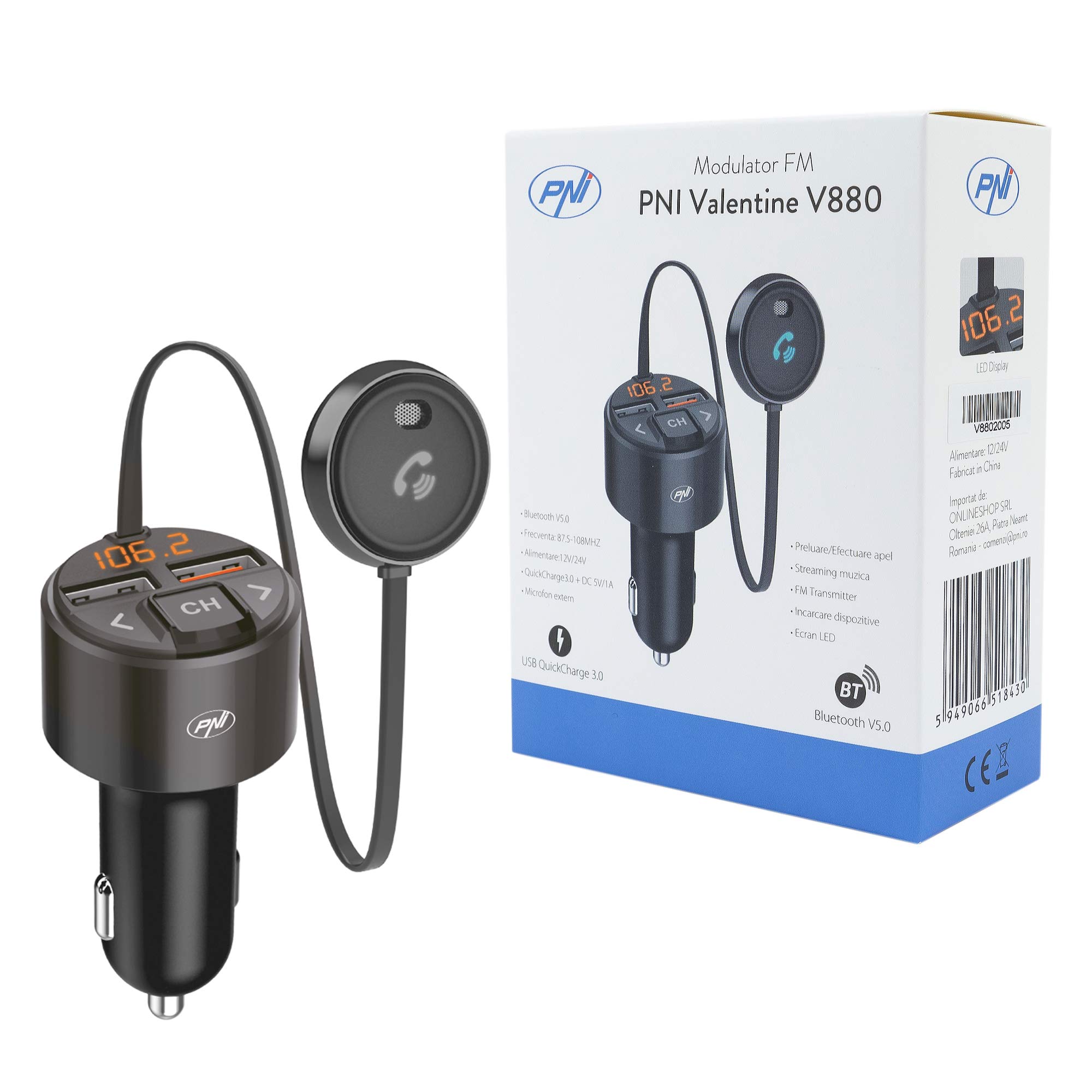PNI Valentine V880 FM modulator with microphone, Bluetooth 5.0, MP3 player, FM transmitter, dual USB port, fast charging of mobile devices via QC3.0, compatible with Siri and Google Assistant