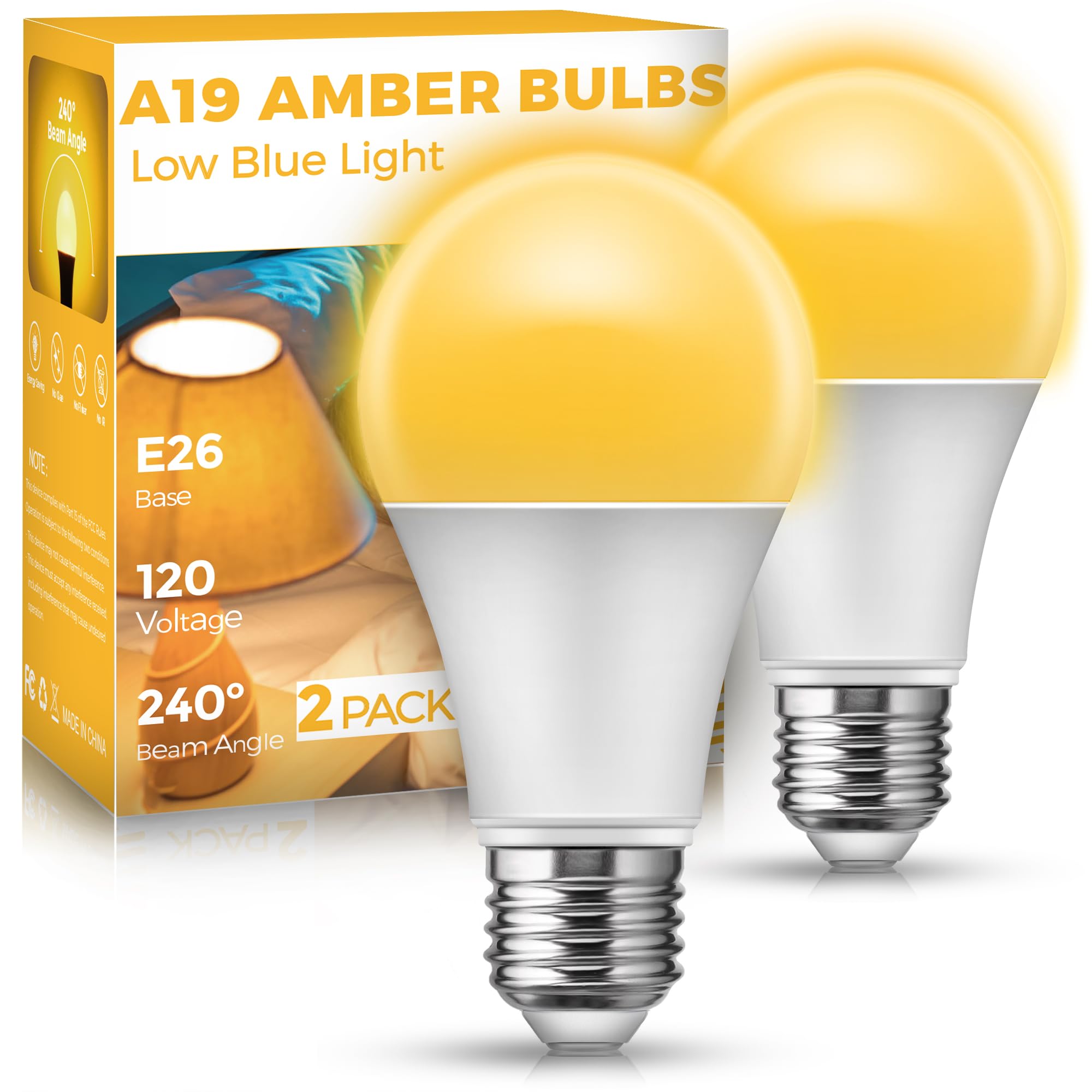 Photo 1 of Sleep Light Bulb, Amber Light Bulbs for Sleep Therapy, Blue Light Blocking, 1900K Dim Light Bulbs 60W Equivalent, Mood Soothing Light, E26 A19 Warm Light Bulbs for Bedroom, Nursery, 2 Pack