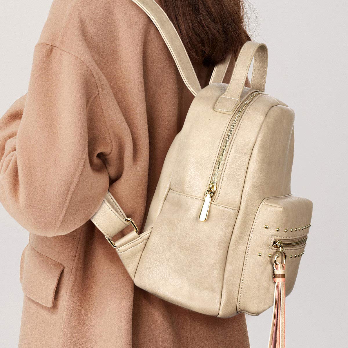 Backpack Purse for Women, Manificent Small PU Leather Backpack for Women Fashion Waterproof Cute Purse Backpack with Tassel, Dark Beige