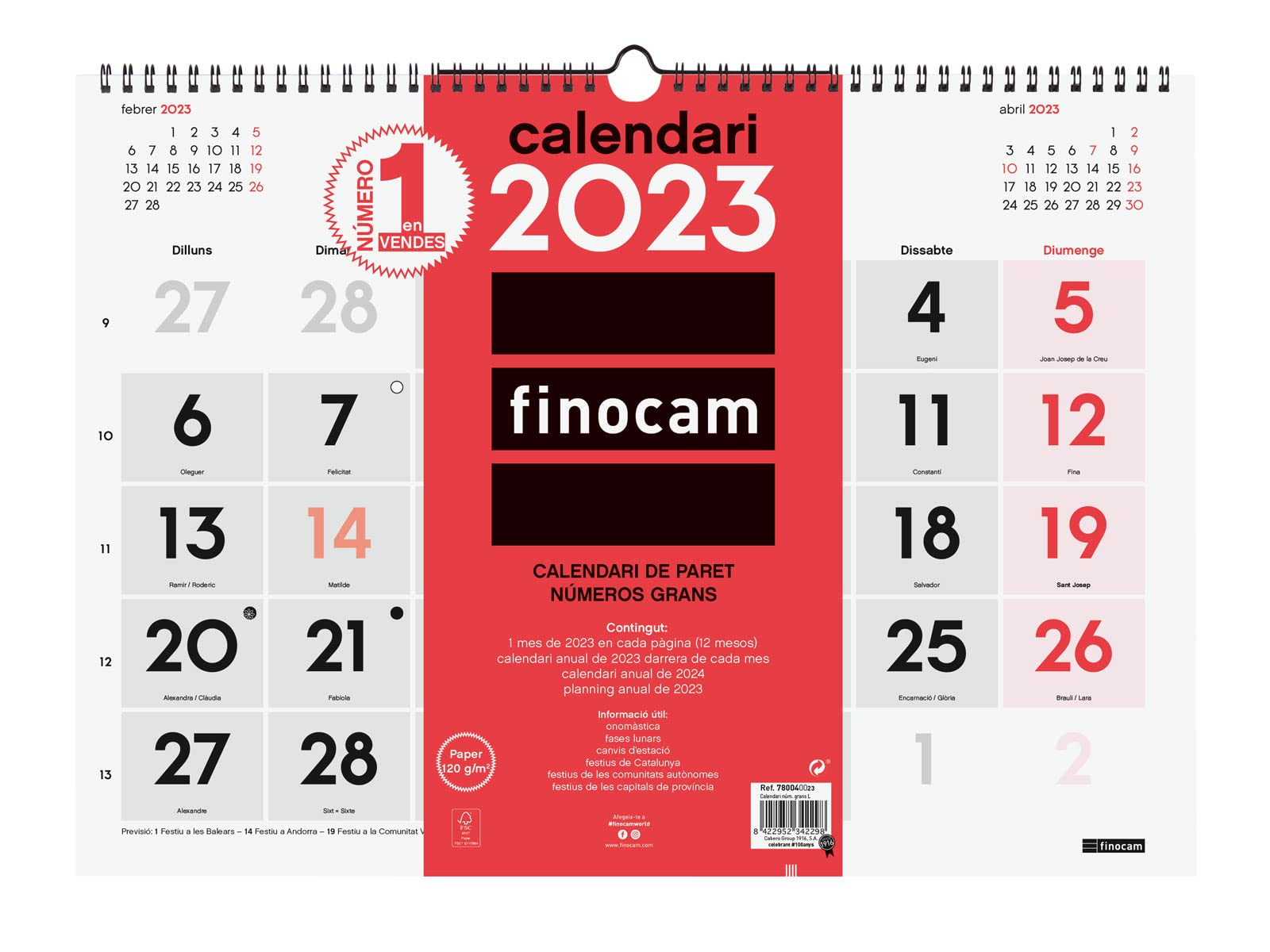 Finocam - 2023 Neutral Wall Calendar Large Numbers January 2023 - December 2023 (12 months) Catalan