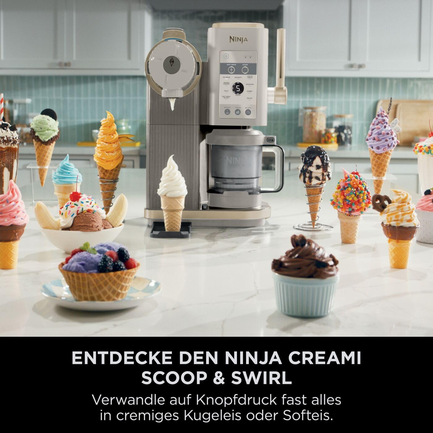 Ninja CREAMi Scoop & Swirl Eismaschine mit 2 Behältern, 13 Funktionen, für Eiscreme, Softeis, Gelato, Sorbet, Milchshakes und mehr, mit Mix-In-Funktion, Stone Gold NC701EUSTGD 2