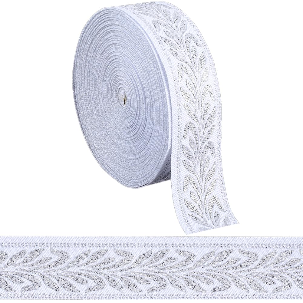 GORGECRAFT 10Ms x 25mm Silver Jacquard Ribbon Vintage Metallic Ethnic Boho Embroidered Trim Roll Double Side Leaf Fabric Sewing Webbing for Clothing DIY Crafts Gift Wrapping Home Curtain Decor