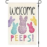 RABUSOFA Easter Garden Flag 12x18 Inch Double Sided for Outside Small Burlap Polk Dot Welcome Peeps Holiday Bunny Yard Flag Outdoor Decorations Brown