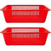 Maxdot 2 Pcs 18.7 x 14.4 x 5.5 Inches Large Plastic Colander for Kitchen | Rectangle Perforated Strainer Basket, Red Stackable Strainers, Use for Wash Vegetables Fruits Drain Cooked Pasta Food