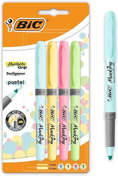 BIC Pastel Highlighters Grip Set 4 Colors Yellow Pink Green Blue