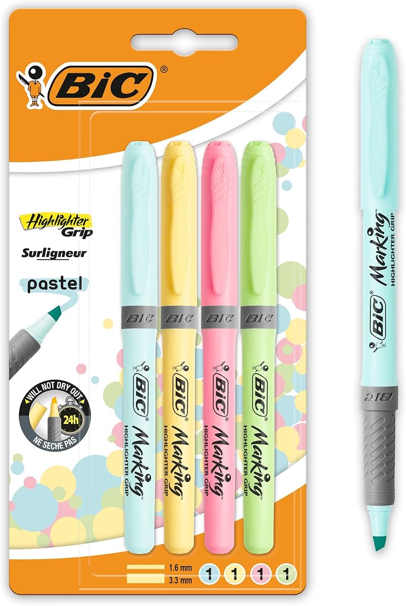 BIC Pastel Highlighters Grip Set 4 Colors Yellow Pink Green Blue