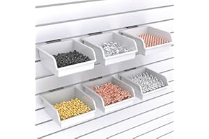 BeapTcely Slatwall Bins with Hooks Plastic Slatwall Organizer Slatwall Containers Workbench Bins for Slat Wall Organizing Hardware, Garage, Craft Room, Tool Shed, Hobby Supplies (6, White)