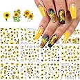 Sunflower Nail Art Stickers - Floral Flower Nail Decals Water Transfer Designs - Small Daisy Flowers Nail Tattoo Stickers for Manicure DIY Nail Decoration - 12 Sheets