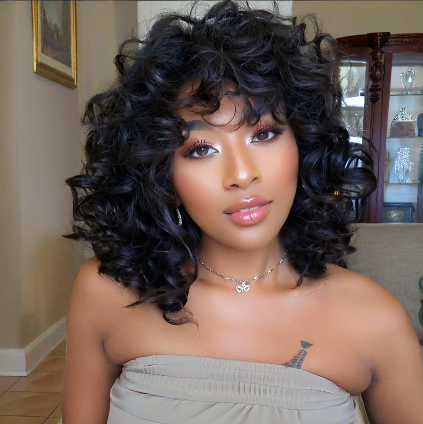 Photo 1 of Lotfon Short Curly Wigs for Black Women Synthetic Hair Heat Resistant Fluffy Natura Wigs for African American Women (Black)