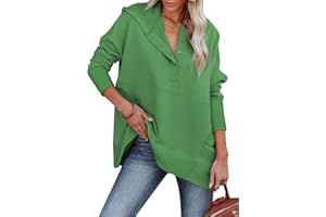 AlvaQ Women Casual Button V Neck Hoodies Oversized Pullover Sweatshirt Hooded Tops with Pockets