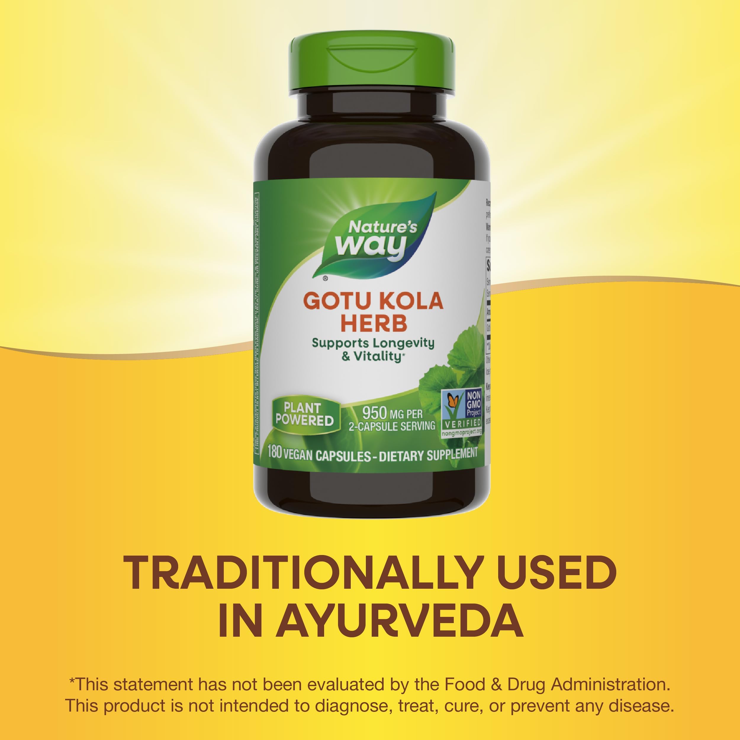 Nature's Way Gotu Kola Herb, Supports Longevity and Vitality*, 950 mg per 2-Capsule Serving, Non-GMO Project Verified, 180 Capsules (Packaging May Vary)